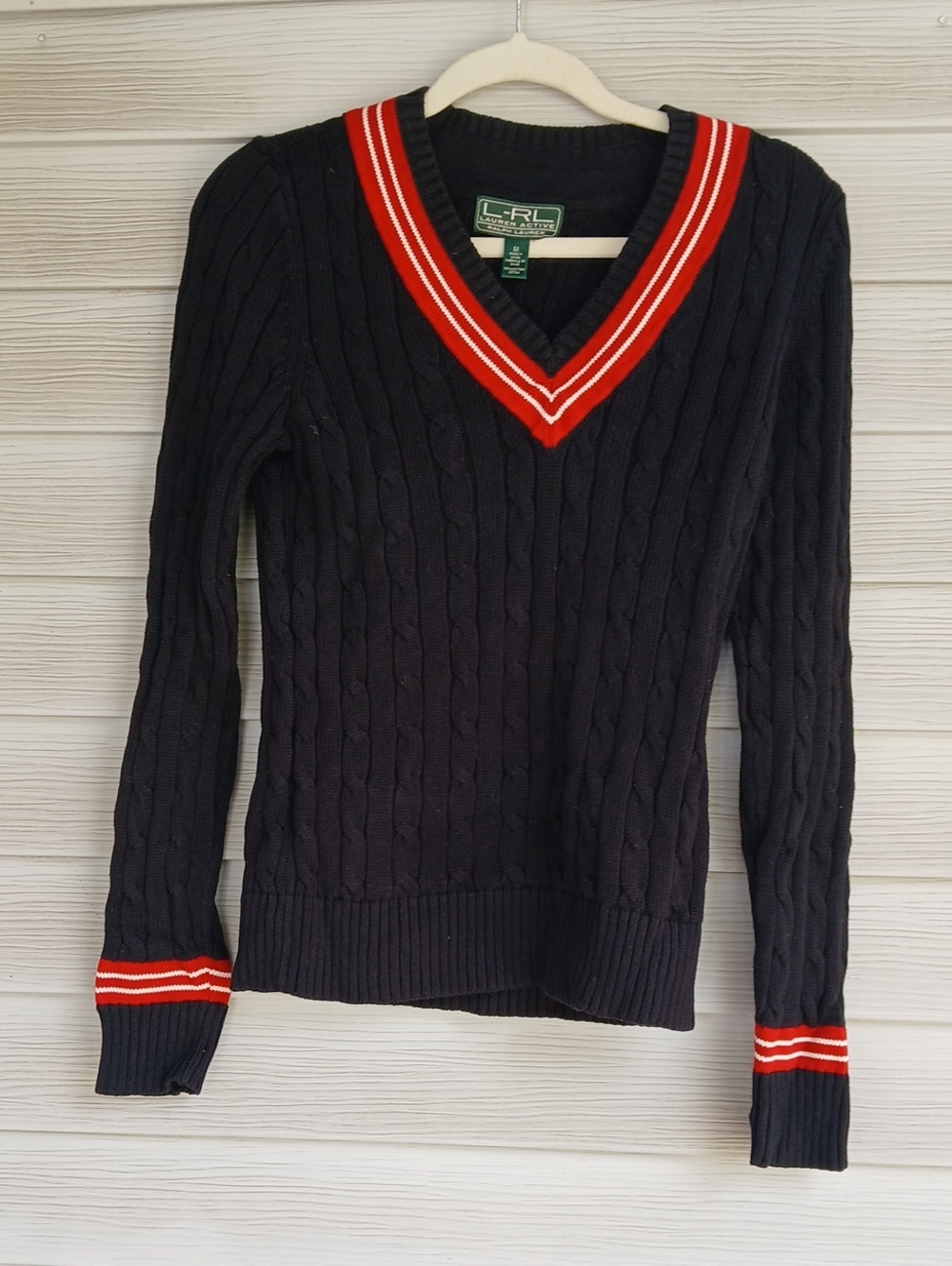 Ralph Lauren Navy Cable-Knit V-Neck Sweater with Red and White Trim, 100% Cotton